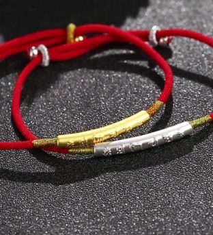 Pure Silver Gold Plated Six Character Mantra Lucky Charms String Bracelet Feng Shui Chinese Gifts for Adjustable Attract Money for Good Wealth Bring Prosperity