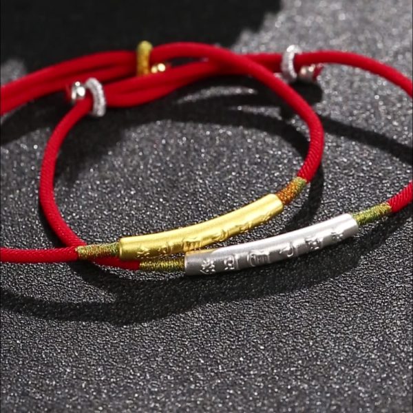Pure Silver Gold Plated Six Character Mantra Lucky Charms String Bracelet Feng Shui Chinese Gifts for Adjustable Attract Money for Good Wealth Bring Prosperity