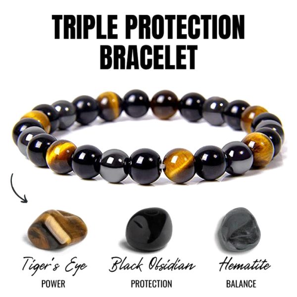 Triple Protection Bracelet - Bring Luck And Prosperity - Hematite - Black Obsidian - Tiger Eye