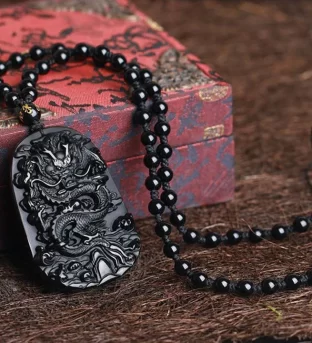Natural Black Obsidian Dragon Necklace
