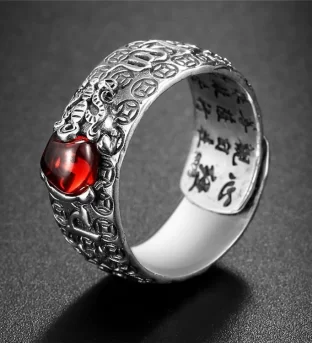 Natural Garnet Pixiu Ring - Feng Shui Wealth Ring