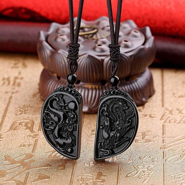 Obsidian Dragon and Phoenix Pendant