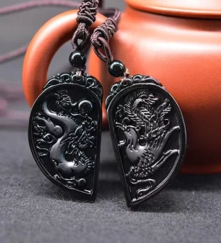Obsidian Dragon and Phoenix Pendant