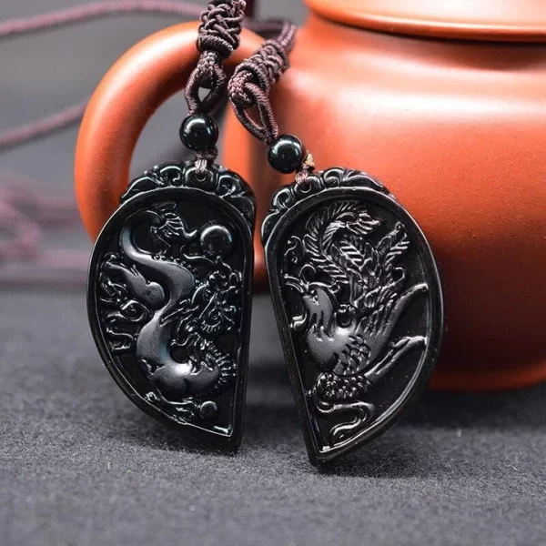 Obsidian Dragon and Phoenix Pendant