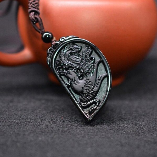 Obsidian Dragon and Phoenix Pendant