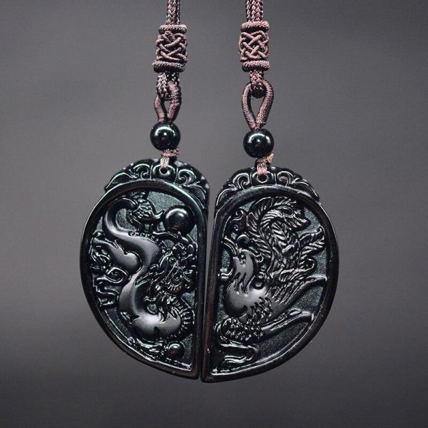 Obsidian Dragon and Phoenix Pendant