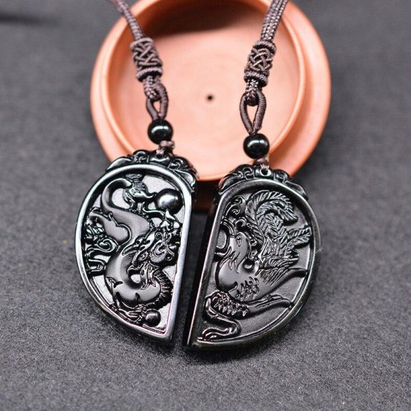 Obsidian Dragon and Phoenix Pendant