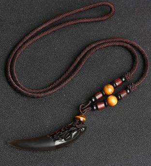 Obsidian Wolf Tooth Pattern Courage Necklace Pendant
