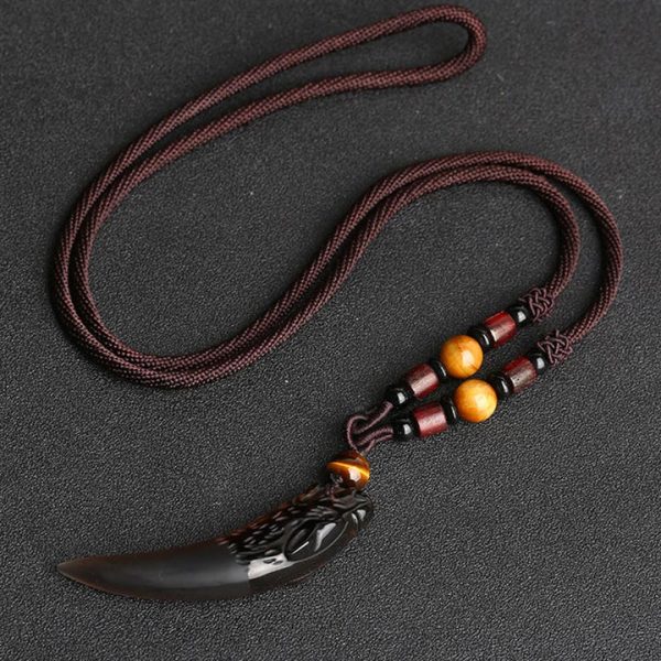 Obsidian Wolf Tooth Pattern Courage Necklace Pendant