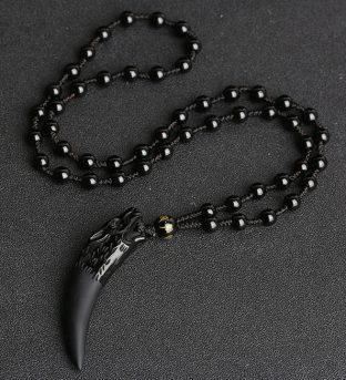 Obsidian Wolf Tooth Pattern Courage Necklace Pendant
