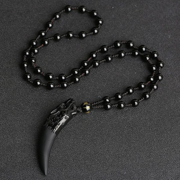 Obsidian Wolf Tooth Pattern Courage Necklace Pendant