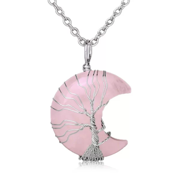 Quartz Crystal Moon Tree Of Life Necklace Pendant