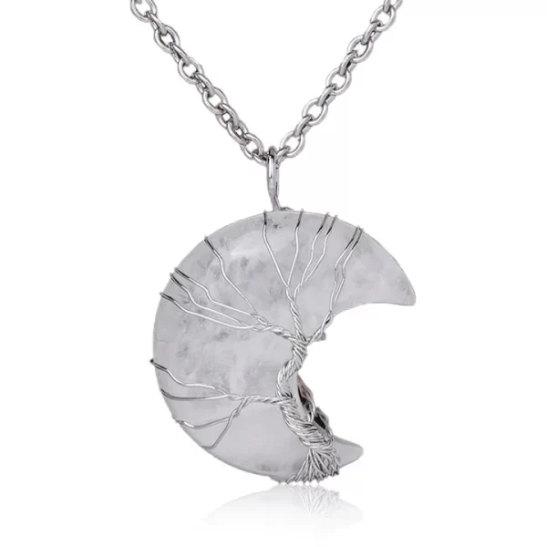 Quartz Crystal Moon Tree Of Life Necklace Pendant
