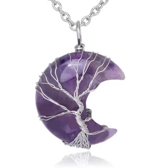 Quartz Crystal Moon Tree Of Life Necklace Pendant