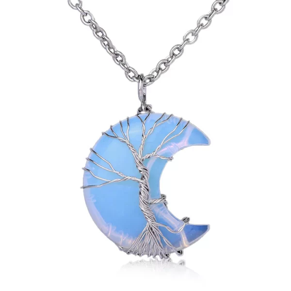 Quartz Crystal Moon Tree Of Life Necklace Pendant