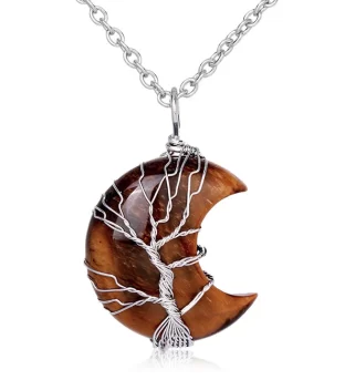 Quartz Crystal Moon Tree Of Life Necklace Pendant