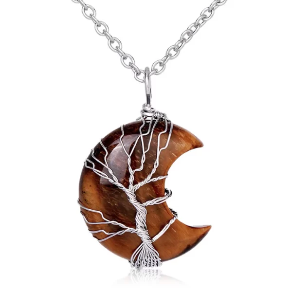 Quartz Crystal Moon Tree Of Life Necklace Pendant