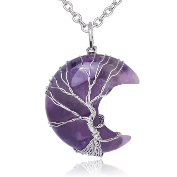 Quartz Crystal Moon Tree Of Life Necklace Pendant