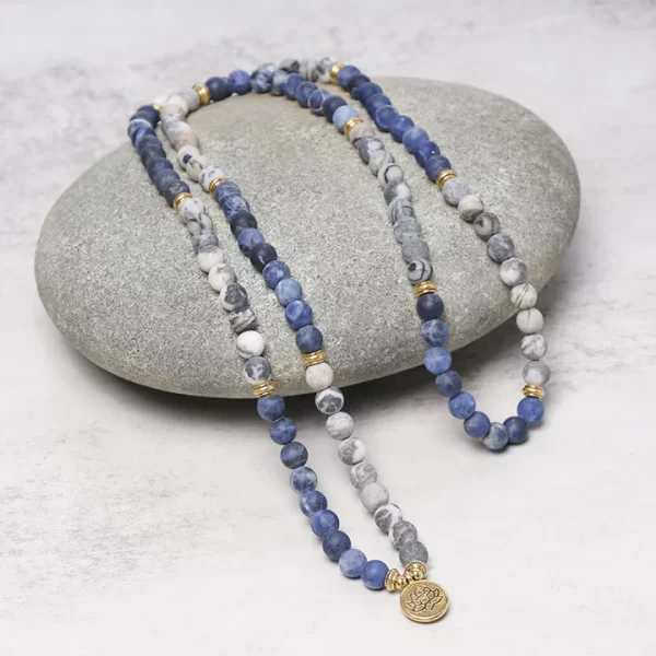 108 Natural Picasso Jasper & Blue Stone Mala Bead Lotus Pendant Bracelet