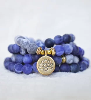 108 Natural Picasso Jasper & Blue Stone Mala Bead Lotus Pendant Bracelet