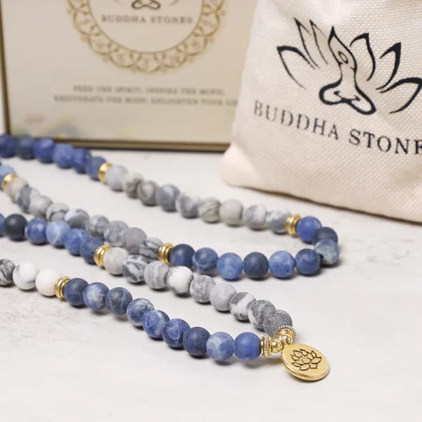 108 Natural Picasso Jasper & Blue Stone Mala Bead Lotus Pendant Bracelet