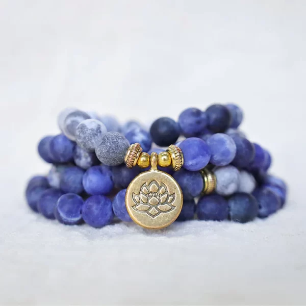 108 Natural Picasso Jasper & Blue Stone Mala Bead Lotus Pendant Bracelet