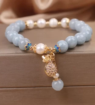 Aquamarine Pearl Fortune Money Bag Charm Bracelet