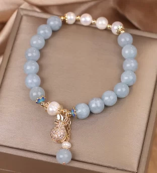 Aquamarine Pearl Fortune Money Bag Charm Bracelet