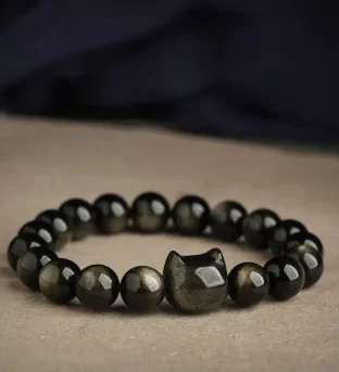 Gold Sheen Silver Sheen Obsidian Lucky Cat Protection Bracelet