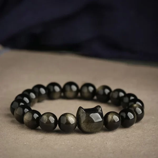 Gold Sheen Silver Sheen Obsidian Lucky Cat Protection Bracelet