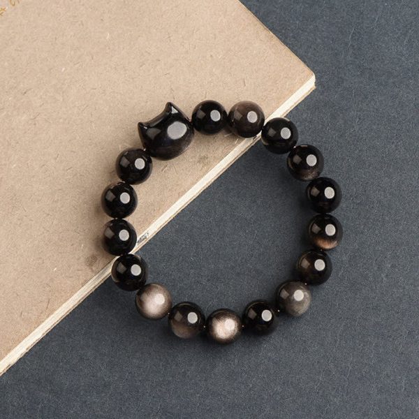 Gold Sheen Silver Sheen Obsidian Lucky Cat Protection Bracelet
