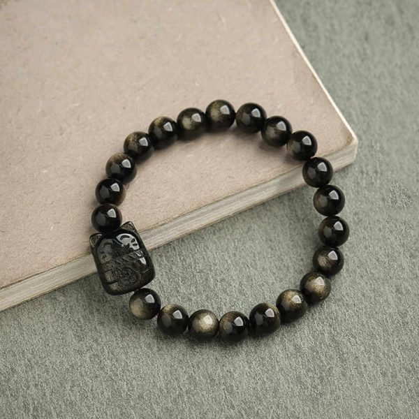 Gold Sheen Silver Sheen Obsidian Lucky Cat Protection Bracelet