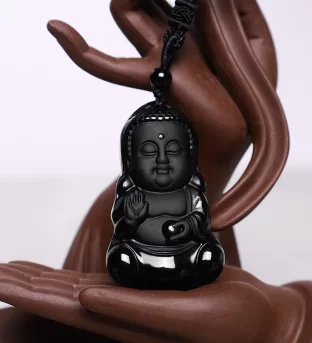 Natural Black Obsidian Crystal Buddha Strength Protection Amulet Lucky Charm Pendant Necklace