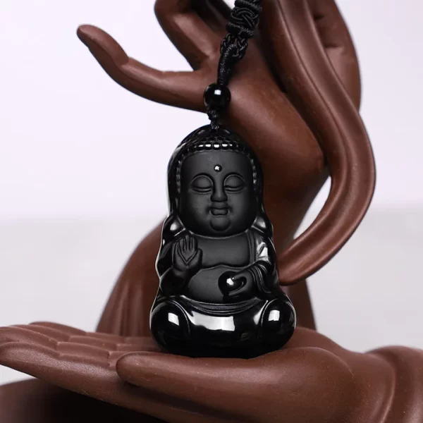 Natural Black Obsidian Crystal Buddha Strength Protection Amulet Lucky Charm Pendant Necklace