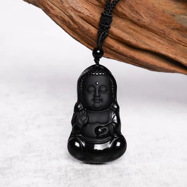 Natural Black Obsidian Crystal Buddha Strength Protection Amulet Lucky Charm Pendant Necklace