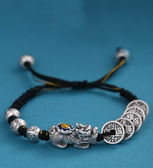 Feng Shui Bracelet Sterling Silver Five Coin Pixiu Braided Bracelet