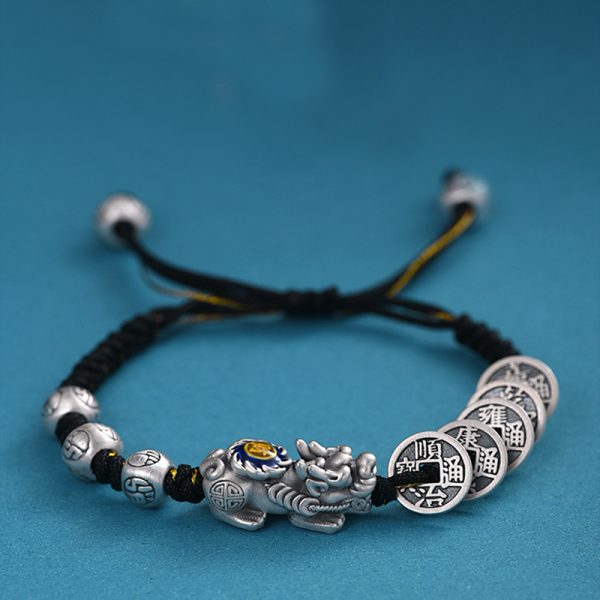 Feng Shui Bracelet Sterling Silver Five Coin Pixiu Braided Bracelet