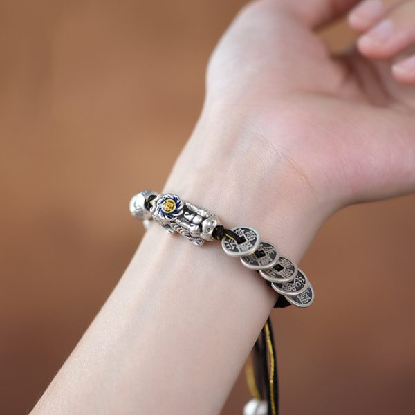 Feng Shui Bracelet Sterling Silver Five Coin Pixiu Braided Bracelet