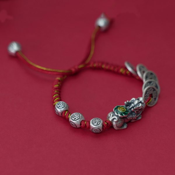 Feng Shui Bracelet Sterling Silver Five Coin Pixiu Braided Bracelet