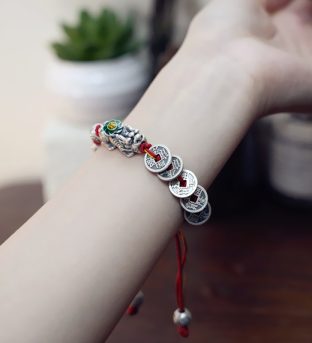 Feng Shui Bracelet Sterling Silver Five Coin Pixiu Braided Bracelet