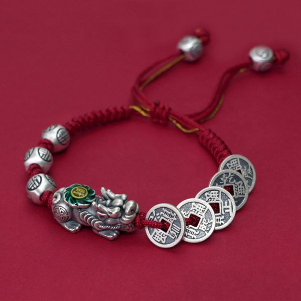 Feng Shui Bracelet Sterling Silver Five Coin Pixiu Braided Bracelet