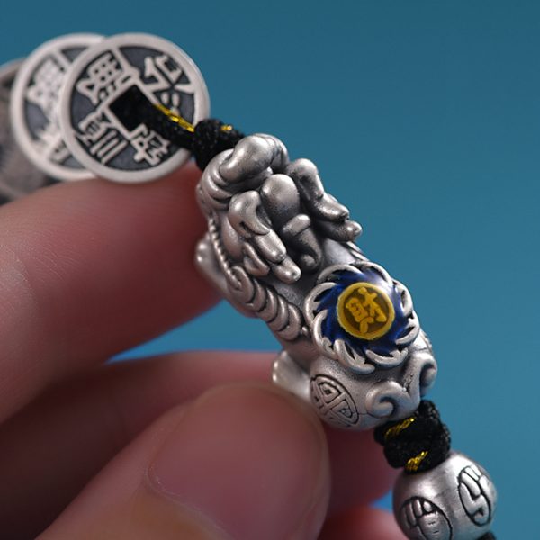 Feng Shui Bracelet Sterling Silver Five Coin Pixiu Braided Bracelet